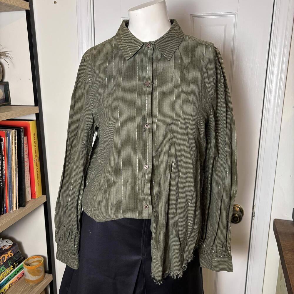 Lilla P Green & Gold Striped Button Up